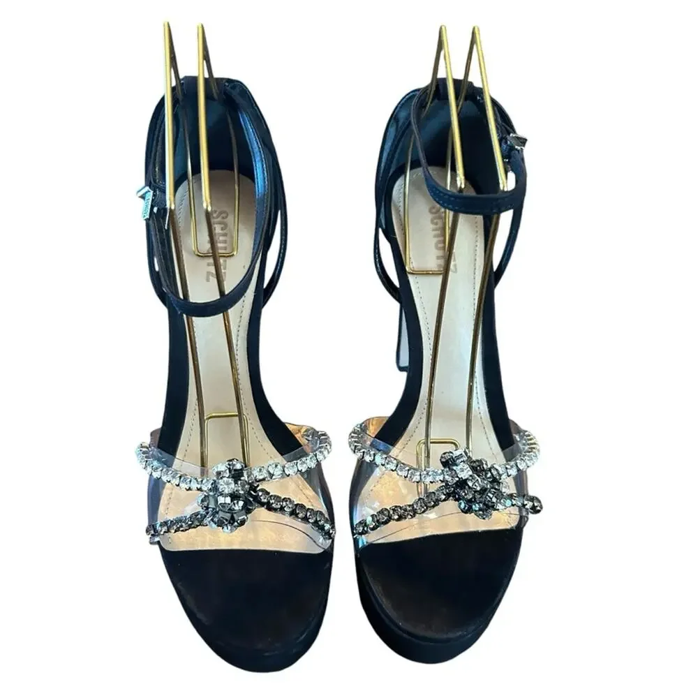 Schutz Suede Platform High Heels Clear Strap Rhinestone Embellished NEW 9.5